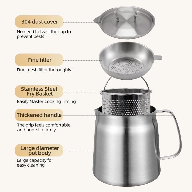 Stainless Steel Oil Storage Pot – Grease Strainer & Drip-Free Spout for Kitchen Use