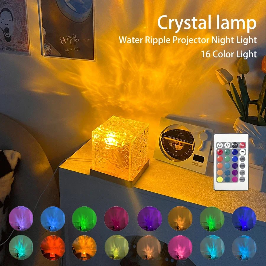 Water Ripple Projector Lamp ๐ 16-Color LED Night Light | Ocean Wave & Flame Effect Mood Lighting for Bedroom & Home Decor