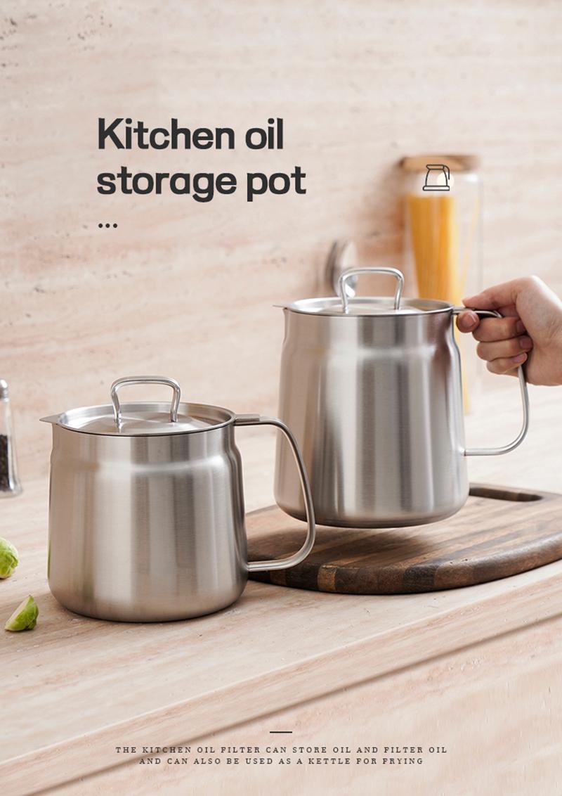 Stainless Steel Oil Storage Pot – Grease Strainer & Drip-Free Spout for Kitchen Use