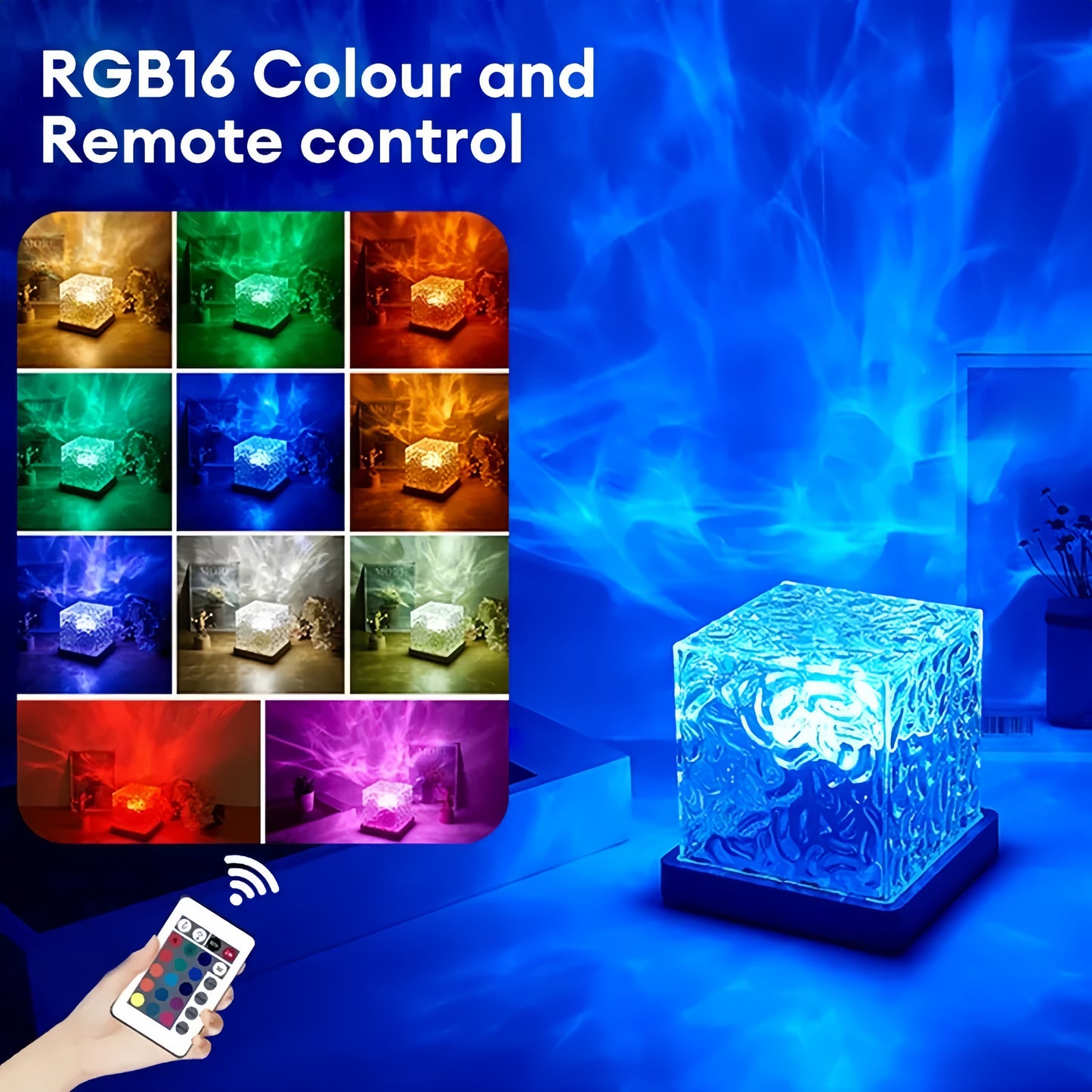 Water Ripple Projector Lamp ๐ 16-Color LED Night Light | Ocean Wave & Flame Effect Mood Lighting for Bedroom & Home Decor