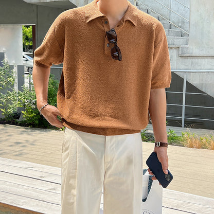 Men’s Retro Knitted Polo Shirt – Short Sleeve Casual Summer Top